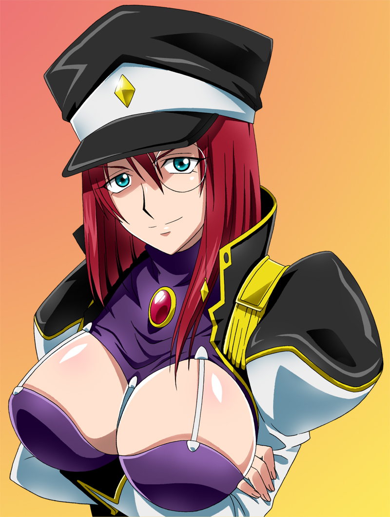 breasts, crossed_arms, forte_stollen, galaxy_angel, hat, huge_breasts, monocle, nuu_hihi, red_hair, redhead, solo