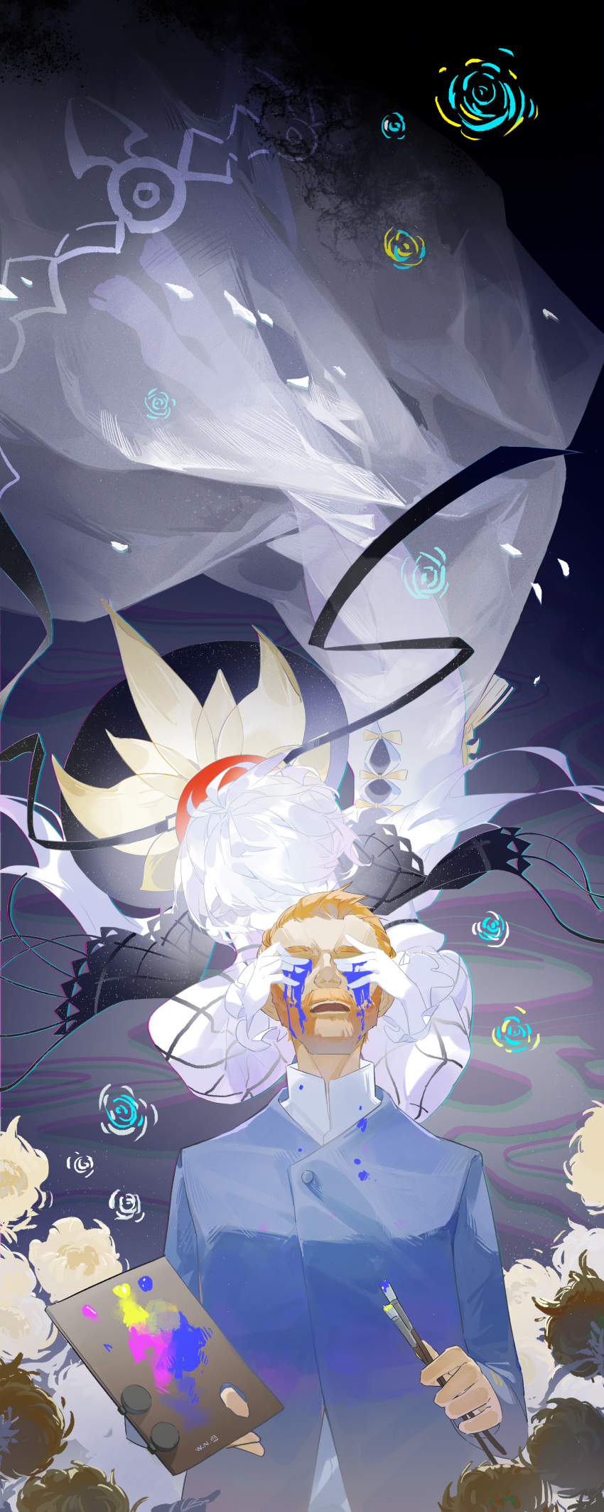 1boy, 1girl, absurdres, beard, blonde_hair, colored_skin, covering_another's_eyes, facial_hair
