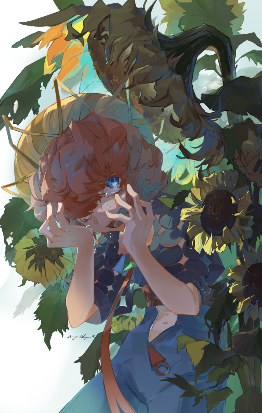1girl, absurdres, blue_eyes, brown_hair, crying, fate/grand_order, fate_(series), flower, hat, highres, huwksnipe, long_hair, navel, signature, sunflower, van_gogh_(fate), van_gogh_(first_ascension)_(fate), zipper