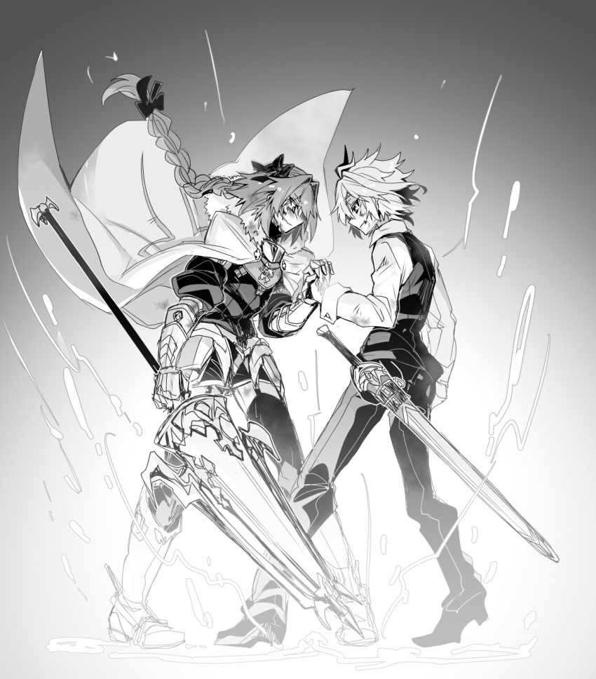 2boys, androgynous, armored_skirt, astolfo_(fate), black_bow, black_garter_straps, black_pants, black_shirt