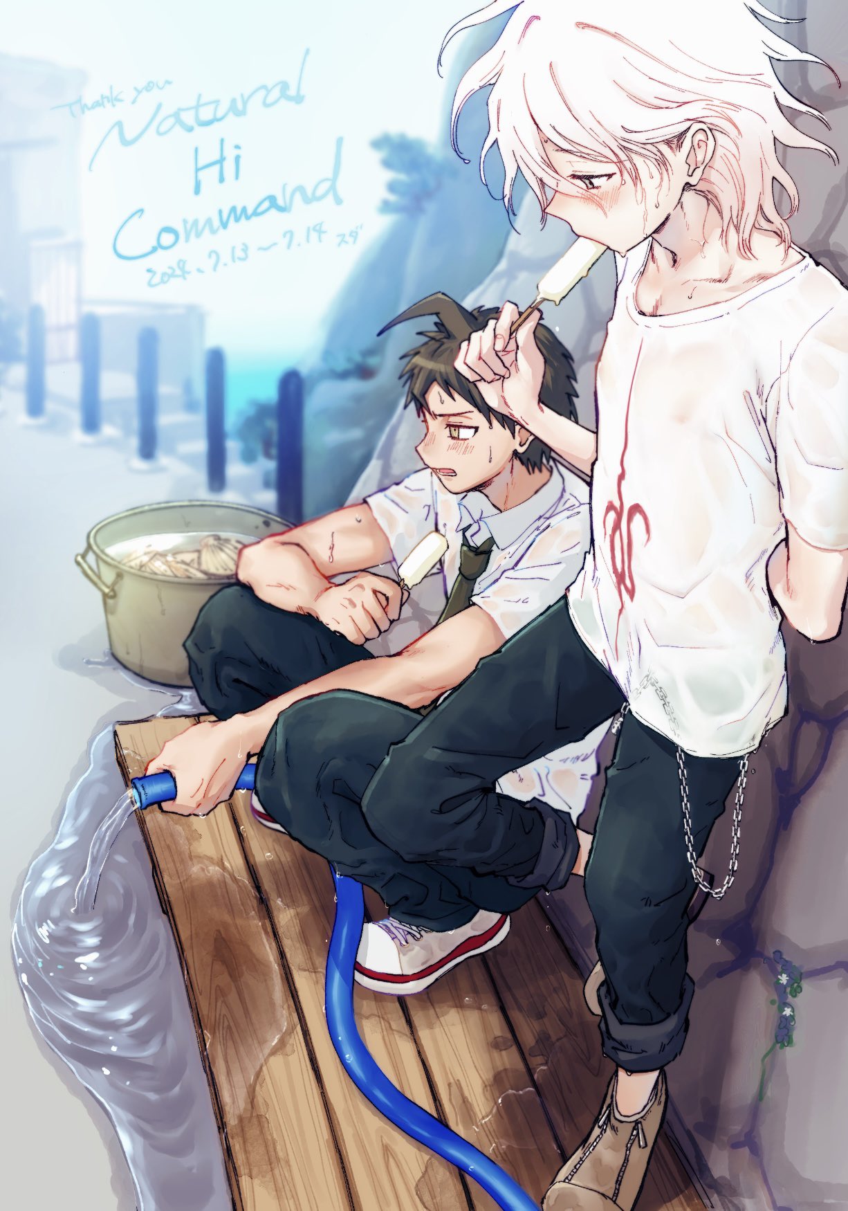 2boys, ahoge, biribirisuruzo, black_pants, brown_hair, bucket, collarbone, collared_shirt