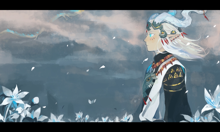 1boy, blue_eyes, clouds, cloudy_sky, dragon, dragon_horns, ear_piercing, eastern_dragon