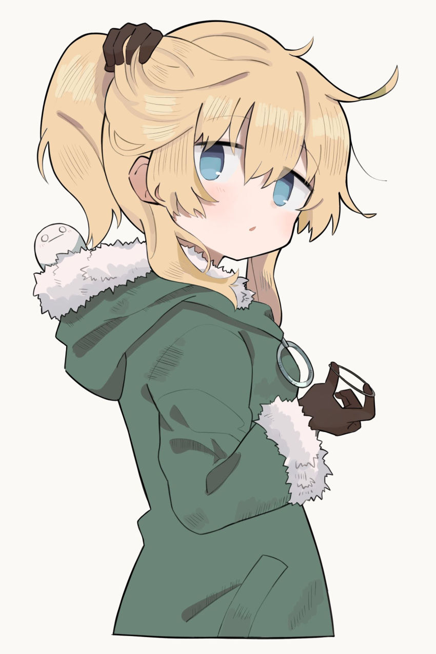 1girl, blonde_hair, blue_eyes, chito_(shoujo_shuumatsu_ryokou), coat, fur-trimmed_jacket, fur_hood, fur_hoodie