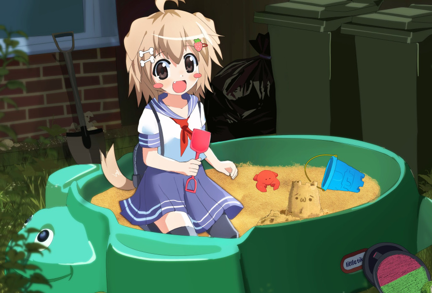 1girl, :d, ahoge, animal_ears, backpack, bag, black_bag, black_thighhighs, blue_sailor_collar, blue_skirt, bone_hair_ornament, bucket, child, commentary, crab, dog_ears, dog_girl, dog_tail, english_commentary, fang, food-themed_hair_ornament, grass, hair_ornament, hairclip, highres, holding, holding_shovel, light_brown_hair, little_tikes, looking_at_viewer, necktie, onlinepetclub, open_mouth, original, outdoors, playing, red_necktie, sailor_collar, sand, sand_castle, sand_sculpture, sandbox, school_uniform, serafuku, shirt, shovel, skirt, smile, solo, strawberry_hair_ornament, tail, thigh-highs, toy, trash_bag, trash_can, turtle, turtle_sandbox, velcro_ball_toss, wanwan_(onlinepetclub), white_shirt, zettai_ryouiki