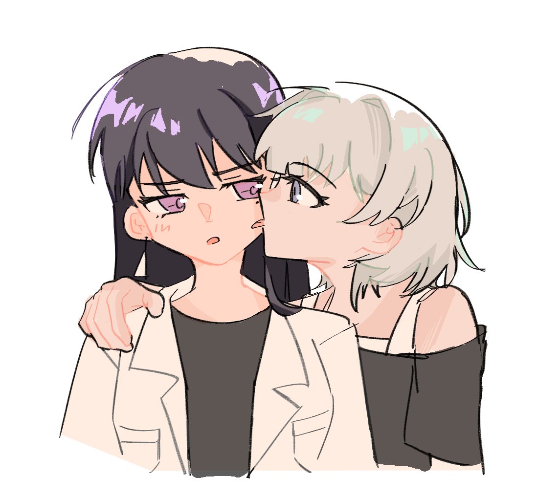 1_(mmsgiy), 2girls, bang_dream!, bang_dream!_it's_mygo!!!!!, black_hair, black_shirt, blue_eyes, commentary, earrings, jacket, jewelry, kaname_raana, licking, licking_another's_face, long_hair, mole, mole_under_eye, multiple_girls, off_shoulder, open_clothes, open_jacket, open_mouth, shiina_taki, shirt, short_hair, simple_background, single_earring, upper_body, violet_eyes, white_background, white_hair, white_jacket, yuri
