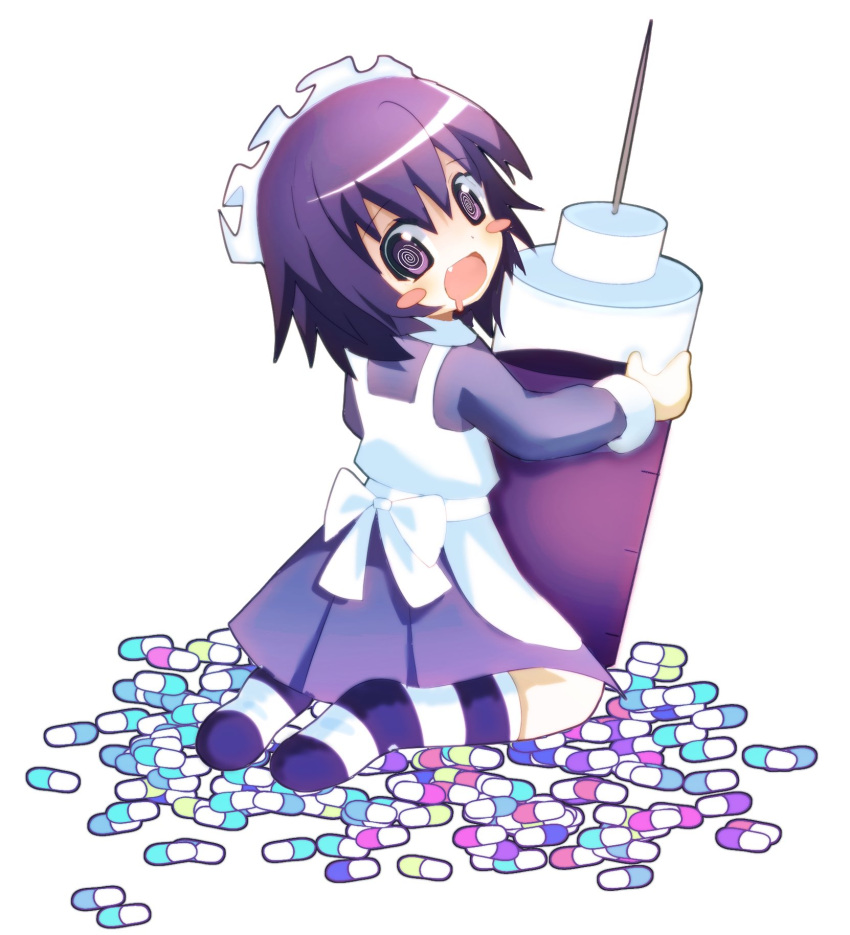 1girl, @_@, blush_stickers, bow, commentary, dress, drooling, english_commentary, from_behind, futaba_channel, highres, holding, holding_syringe, kneeling, large_syringe, looking_at_viewer, looking_back, maid, maid_headdress, mouth_drool, nijiura_maids, onlinepetclub, oversized_object, pill, purple_dress, purple_hair, simple_background, socks, solo, striped_clothes, striped_socks, syringe, violet_eyes, white_background, white_bow, white_headdress, yakui
