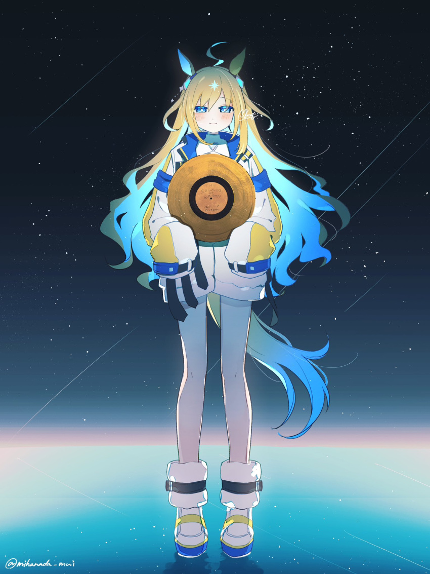 1girl, ahoge, animal_ears, blonde_hair, blue_eyes, blue_hair, colored_inner_hair, diamond_hair_ornament