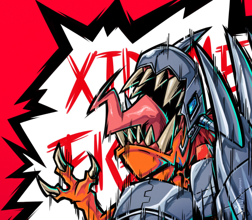 blue_eyes, claw_(weapon), colored_skin, cyborg, digimon, digimon_(creature), digimon_adventure:_(2020), dinosaur
