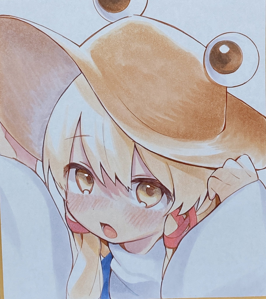 1girl, blonde_hair, blue_vest, blush, close-up, dot_nose, hair_between_eyes, hair_over_eyes