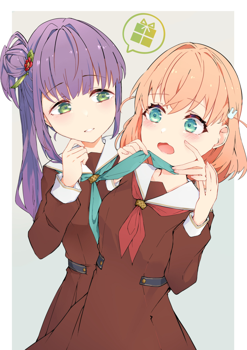 2girls, absurdres, aqua_eyes, aqua_neckerchief, blush, border, brown_dress, cerise_bouquet