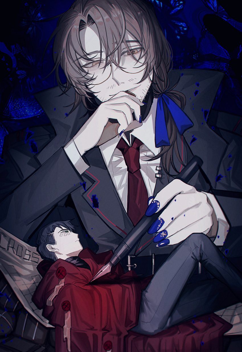 2boys, absurdres, black_coat, black_hair, black_pants, blue_ribbon, brown_hair, cape, closed_mouth, coat, collared_shirt, crossword_puzzle, green_eyes, gregor_(project_moon), hair_ribbon, highres, holding, holding_pen, limbus_company, long_hair, low_ponytail, lying, meursault_(project_moon), multiple_boys, n_corp._(identity)_(project_moon), necktie, nib_pen_(object), on_back, pants, pen, project_moon, red_cape, red_necktie, ribbon, shirt, size_difference, talisman, wax_seal, white_shirt, wing_collar, yasuihiruya