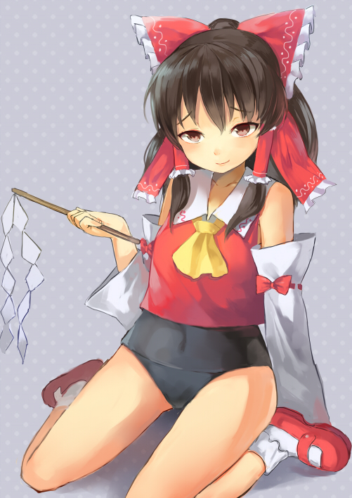 ascot, black_hair, bobby_socks, bow, detached_sleeves, gohei, gomibox, gomibox2021