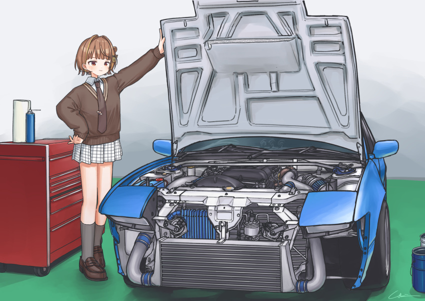 1girl, arm_up, blue_car, brown_eyes, brown_footwear, brown_hair, brown_necktie, brown_sweater, cabinet, car, collared_shirt, commentary_request, engine, grey_socks, hair_intakes, hair_ornament, hairclip, hand_on_own_hip, highres, holding, kneehighs, long_sleeves, miniskirt, motor_vehicle, necktie, nissan, nissan_180sx, plaid_clothes, plaid_skirt, pleated_skirt, sendo_yuuhi, shirt, short_hair, simana, skirt, socks, solo, sweater, vehicle_focus, virtual_youtuber, vspo!, white_shirt, white_skirt