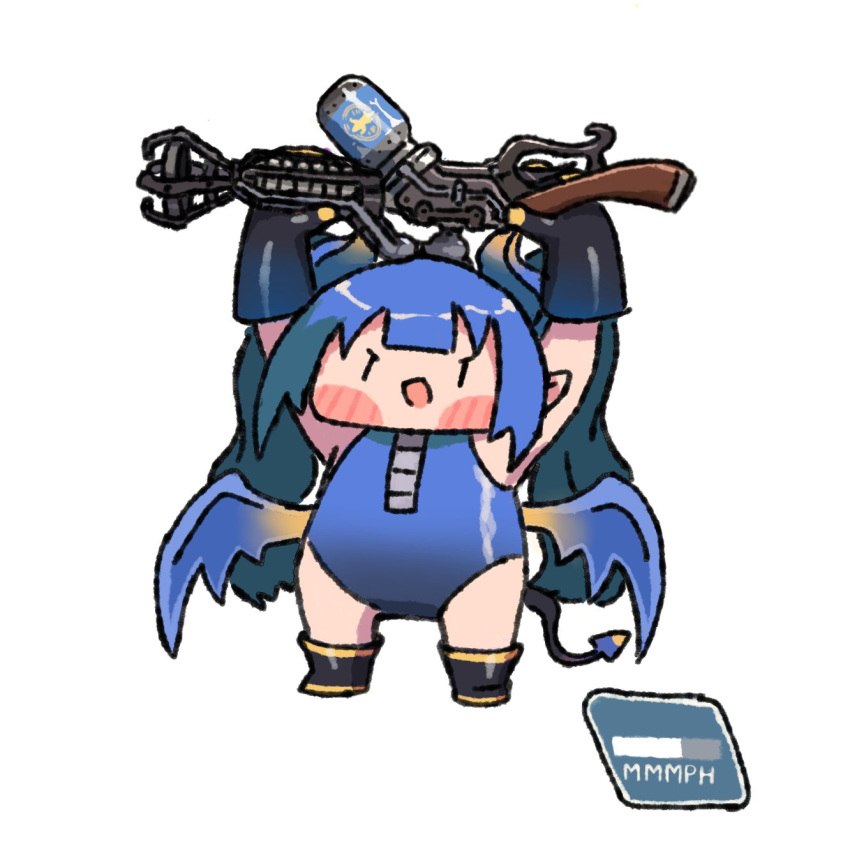 1girl, :d, arms_up, black_footwear, black_gloves, blu_pyro_(tf2), blue_hair, blue_leotard