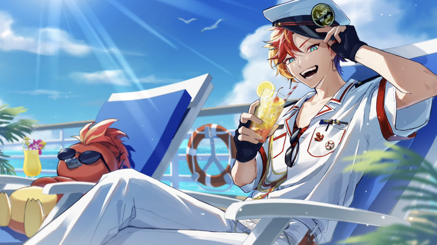 1boy, aiguillette, anchor_ornament, aqua_eyes, bird, black_gloves, drink, drinking_straw