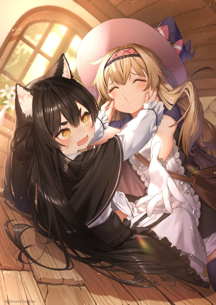 2girls, @_@, animal_ears, bag, black_capelet, black_hair, blonde_hair, bloom