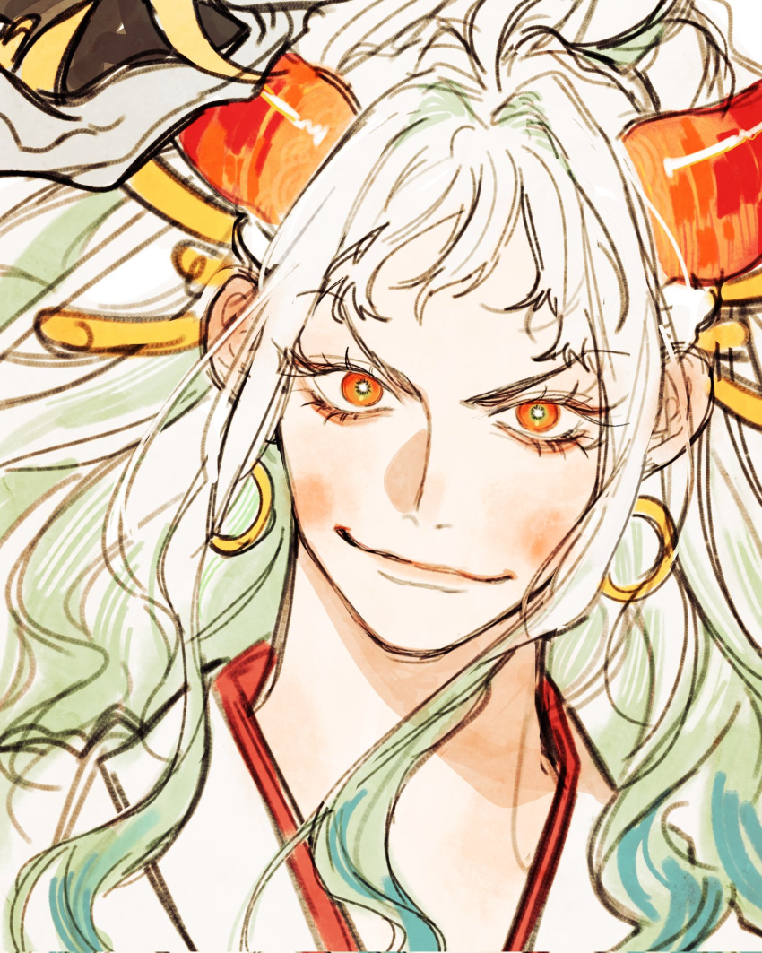 1girl, close-up, earrings, hair_ornament, highres, hoop_earrings, horns, japanese_clothes, jewelry, long_hair, looking_at_viewer, mnnd, multicolored_hair, multicolored_horns, one_piece, orange_horns, red_horns, smile, solo, white_hair, yamato_(one_piece), yellow_horns
