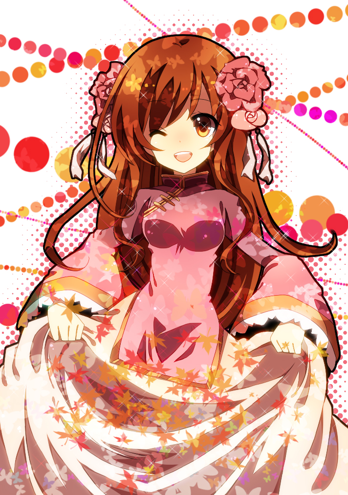:d, artist_request, blouse, brown_hair, china_dress, chinese_clothes, flower, hair_flower