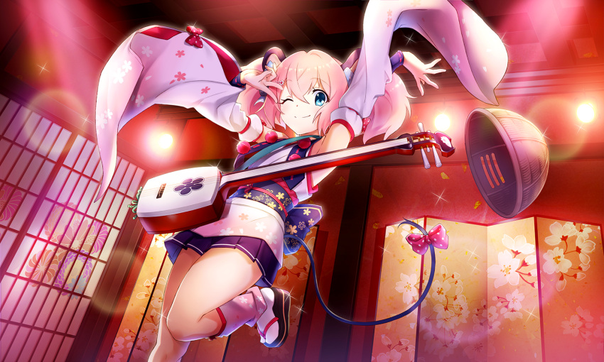 1girl, ;), animal_ears, arm_up, artist_request, back_bow, black_skirt, blue_eyes
