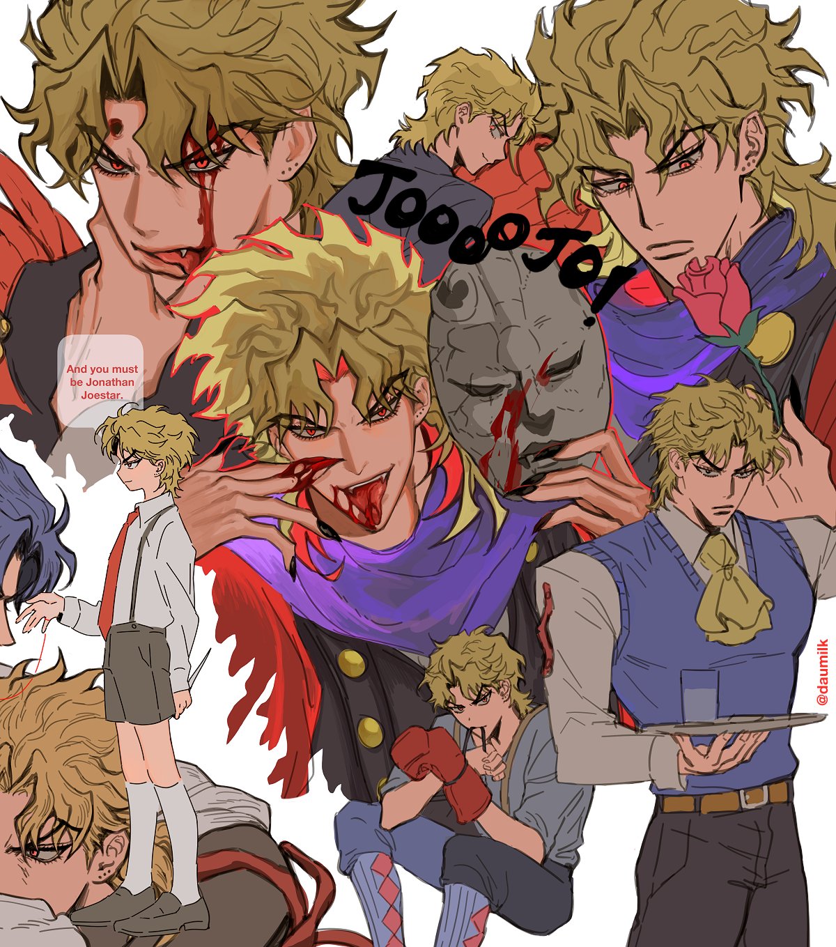 1boy, age_progression, arm_behind_back, ascot, belt, birthmark, black_nails, black_pants