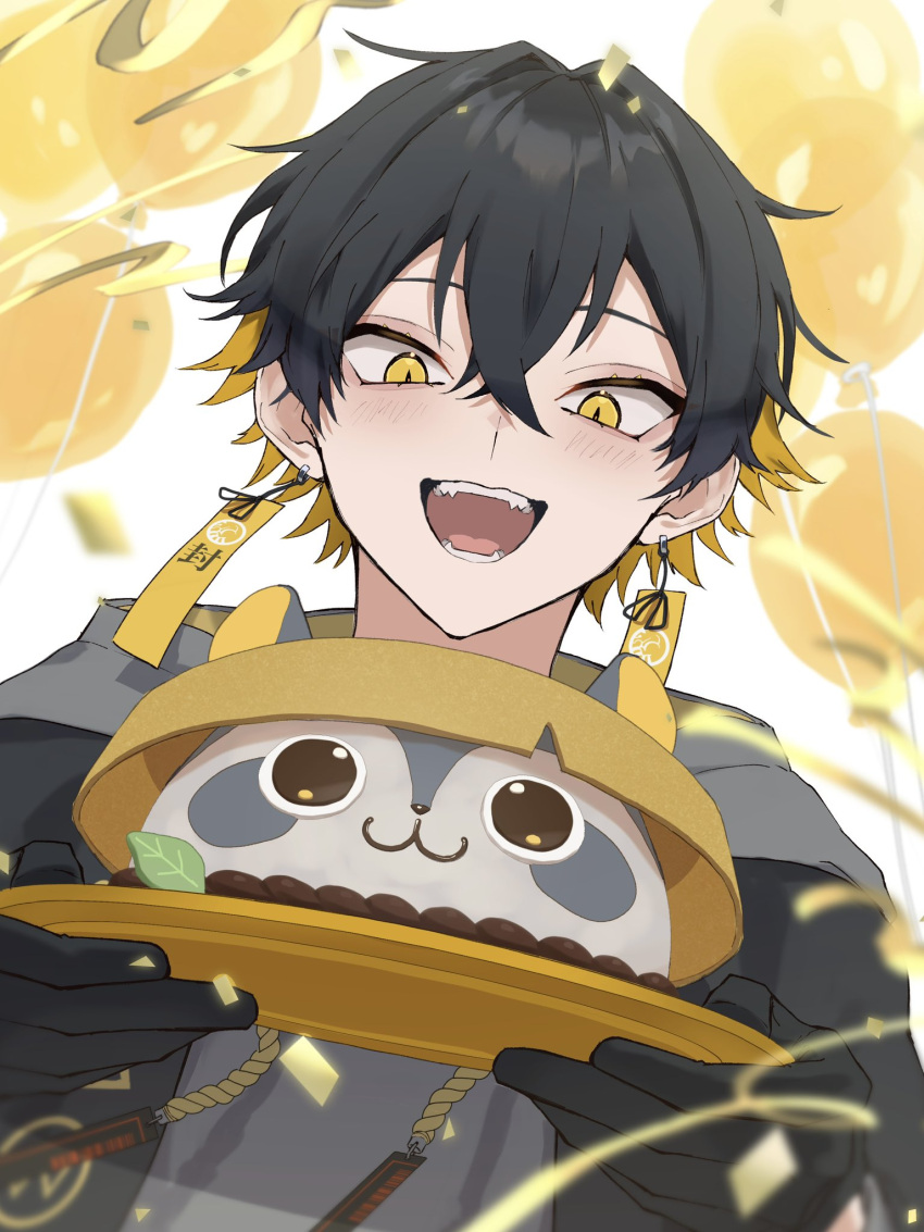 1boy, balloon, black_gloves, black_hair, blonde_hair, blush, character_cake, colored_inner_hair