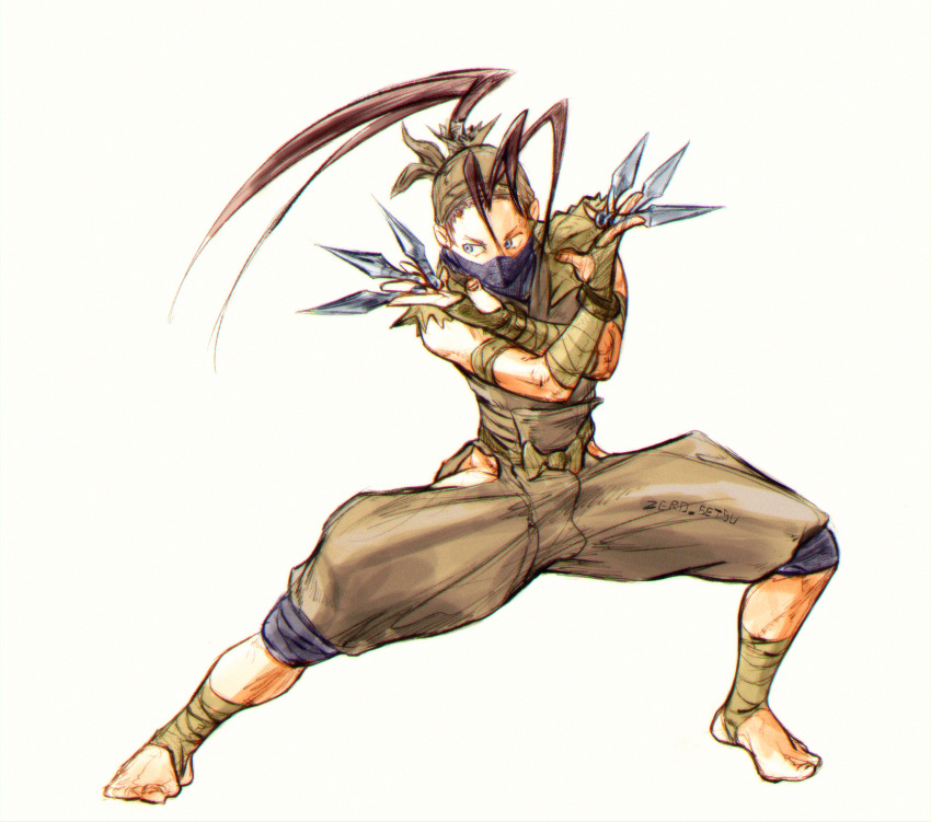 1girl, absurdres, arm_wrap, artist_name, blue_eyes, brown_hair, chromatic_aberration, covered_mouth, highres, hip_vent, holding, holding_weapon, ibuki_(street_fighter), kunai, leg_wrap, looking_to_the_side, ninja, ponytail, setsuna_kasugano, sleeveless, solo, street_fighter, street_fighter_iii_(series), toeless_legwear, toes, weapon, white_background