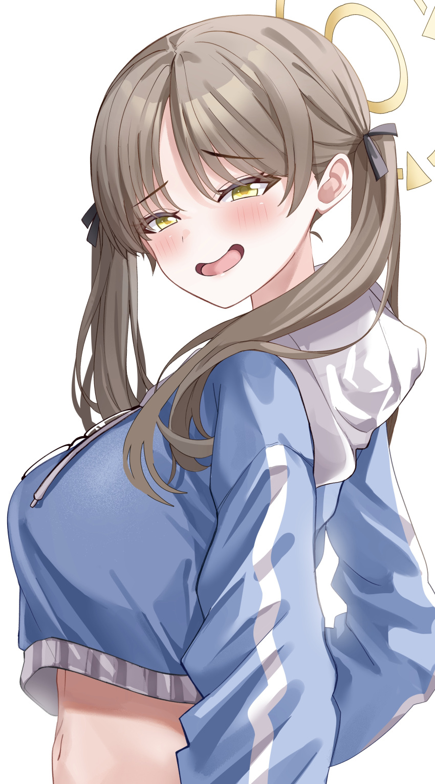 1girl, absurdres, black_ribbon, blue_archive, blue_hoodie, blush, breasts, brown_hair