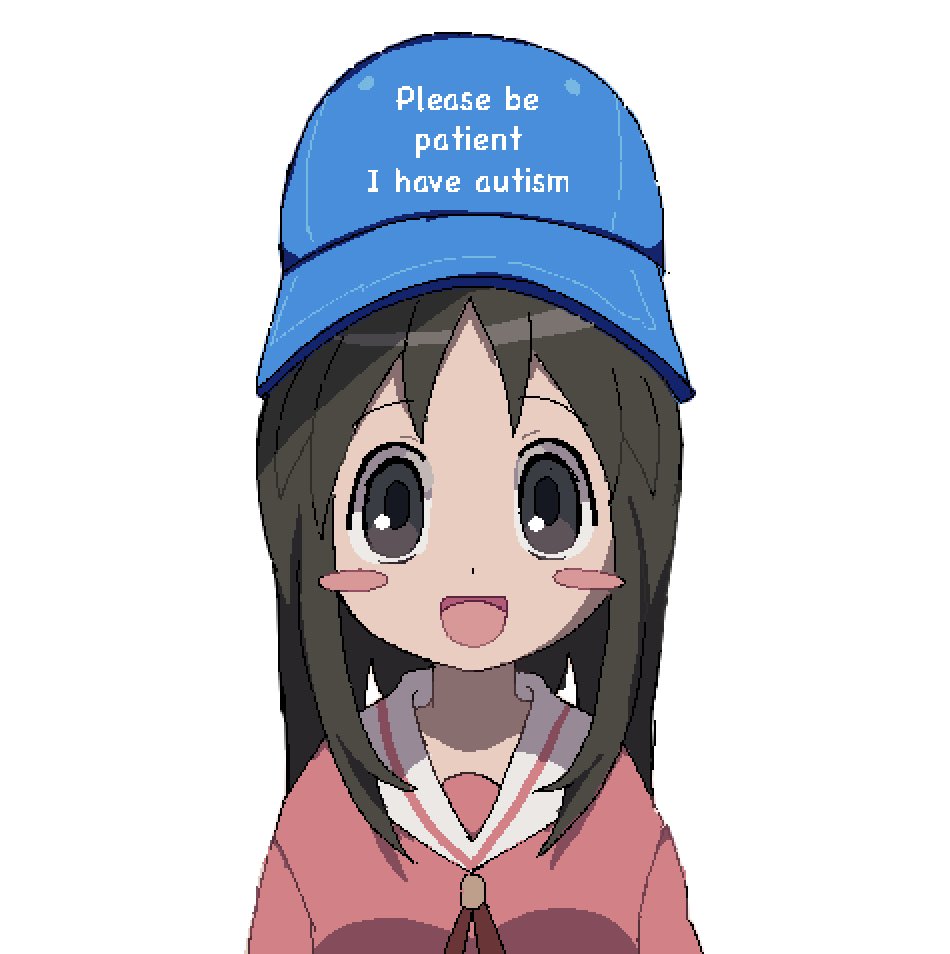 1girl, :d, autism, azumanga_daioh, blue_hat, blush_stickers, brown_eyes, brown_hair, commentary, english_commentary, english_text, happy, hat, jaggy_lines, kasuga_ayumu, looking_at_viewer, meme, onlinepetclub, please_be_patient_i_have_autism_(meme), school_uniform, smile, solo, white_background