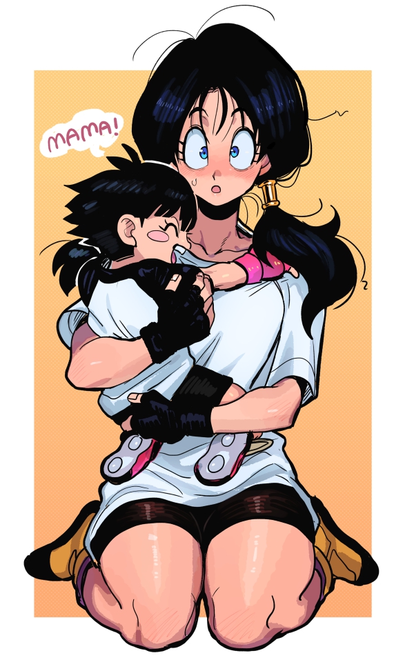 2girls, bike_shorts, black_hair, blue_eyes, blush, child, commentary_request, dragon_ball, dragon_ball_super, dragon_ball_super_super_hero, dragon_ball_z, fingerless_gloves, gloves, long_hair, mother_and_daughter, multiple_girls, nanika_(nnkgh), open_mouth, pan_(dragon_ball), shirt, short_hair, smile, time_paradox, twintails, videl, white_shirt