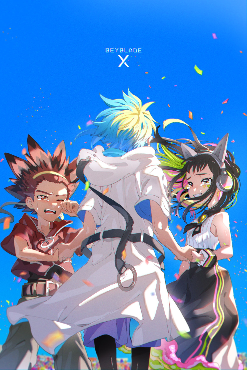 1girl, 2boys, absurdres, animal_ear_headphones, animal_ears, beyblade, beyblade_x, black_hair