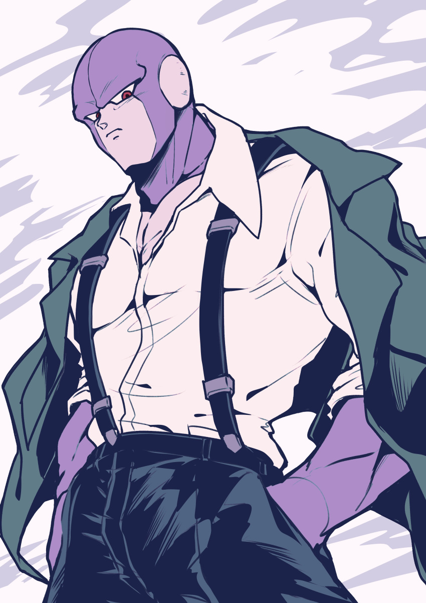 1boy, absurdres, black_pants, blazer, colored_skin, commentary_request, dragon_ball, dragon_ball_super