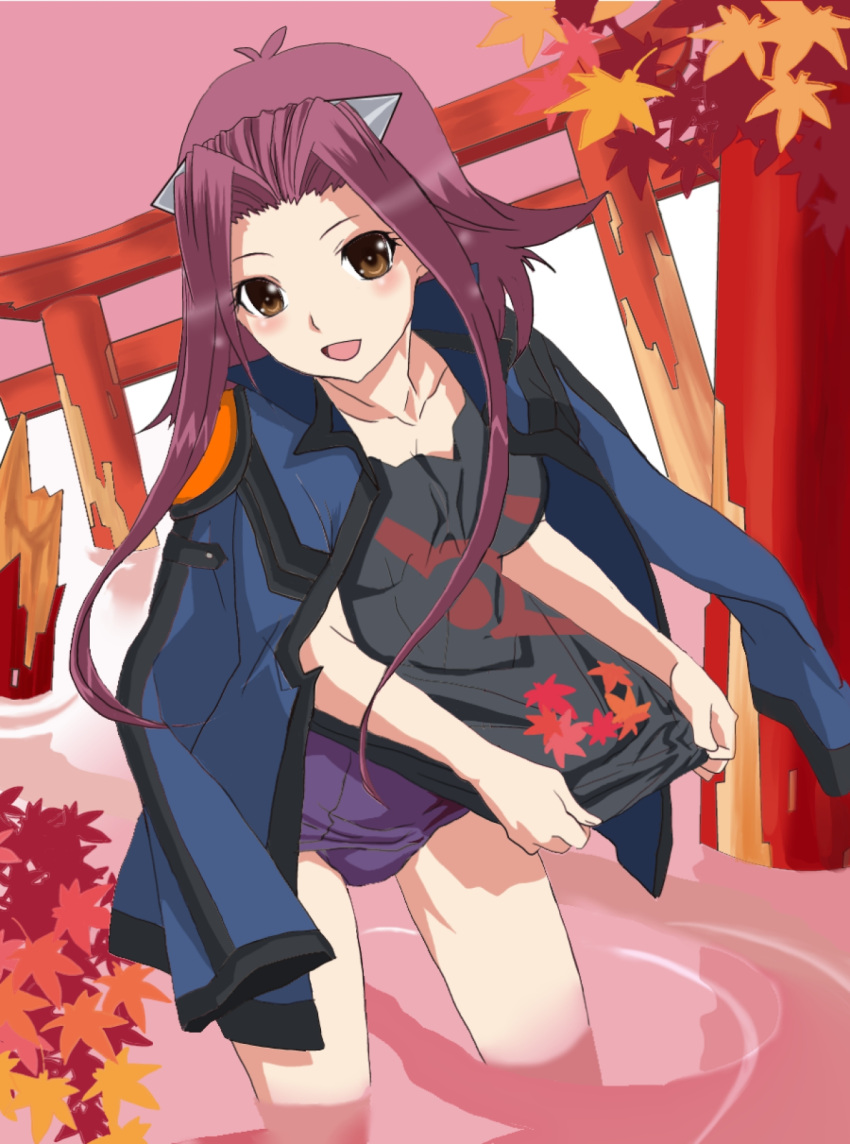 blush, brown_eyes, character_request, coat, crossover, east_asian_architecture, highres, izayoi_aki