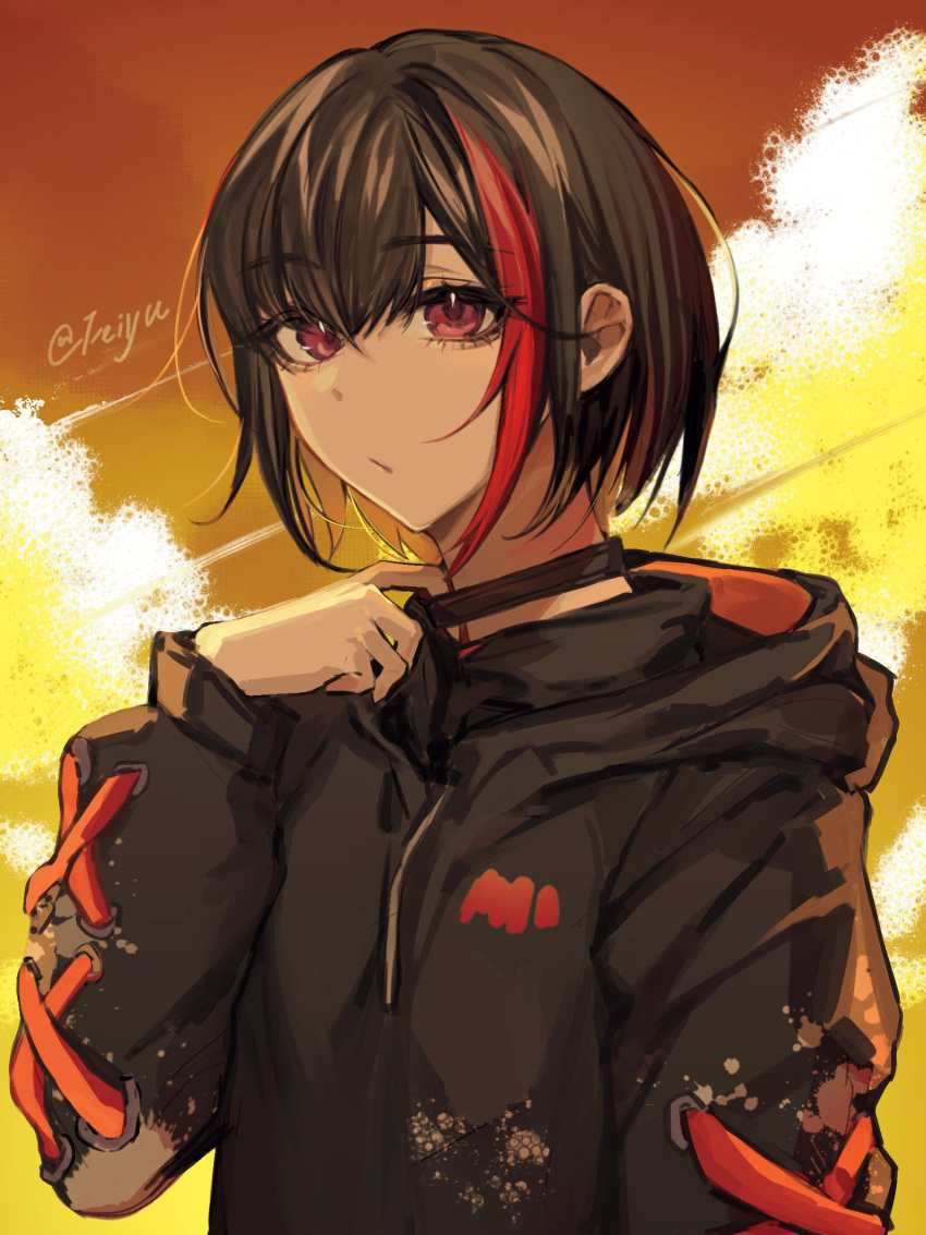 1girl, bang_dream!, black_choker, black_hoodie, choker, choker_pull, closed_mouth, clouds