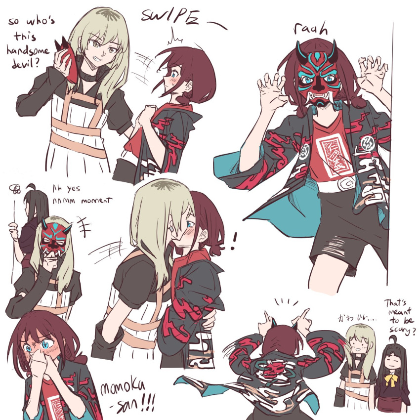 3girls, ahoge, anjuro_zeeku, arm_warmers, awa_subaru, black_arm_warmers, black_choker, black_hair, black_happi, black_kimono, black_shirt, black_shorts, blue_eyes, blush, bow, bowtie, brown_hair, choker, claw_pose, commentary, embarrassed, english_commentary, english_text, full-face_blush, girls_band_cry, grey_eyes, grey_hair, hair_between_eyes, highres, iseri_nina, japanese_clothes, kawaragi_momoka, kimono, kiss, kuuhaku_to_catharsis, long_hair, long_sleeves, low_twintails, mask, multicolored_hair, multiple_girls, obi, oni_mask, open_happi, red_shirt, roots_(hair), sash, shirt, short_hair, short_sleeves, short_twintails, shorts, sidelocks, simple_background, single_arm_warmer, surprise_kiss, surprised, twintails, white_background, yellow_bow, yellow_bowtie