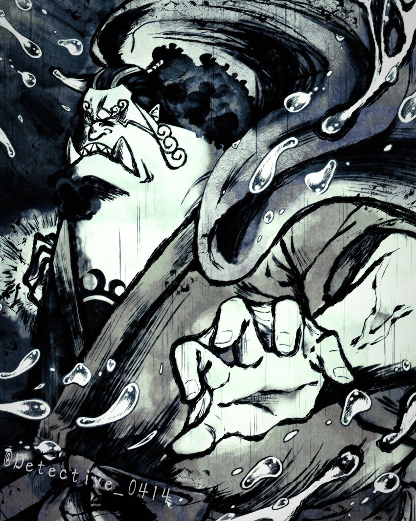 1boy, cape, chest_tattoo, commentary_request, detective_0414, facial_hair, fish_boy, goatee