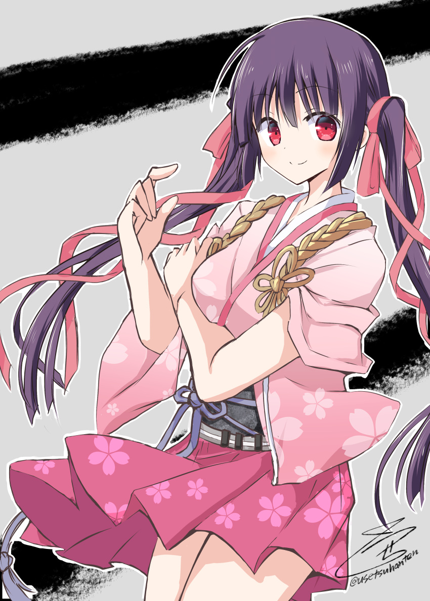1girl, absurdres, black_hair, blunt_bangs, blunt_ends, blush, cherry_blossom_print, closed_mouth, commentary_request, cowboy_shot, floral_print, floral_print_skirt, grey_background, hair_between_eyes, hair_ribbon, hand_up, highres, hiraga_rimu, japanese_clothes, kimono, long_hair, long_ribbon, long_sleeves, looking_at_viewer, ouka_sabaki, pink_kimono, pink_ribbon, pink_skirt, print_kimono, red_eyes, ribbon, signature, simple_background, skirt, smile, solo, split_mouth, standing, tareme, twintails, twitter_username, usetsusakon2, very_long_hair, wide_sleeves