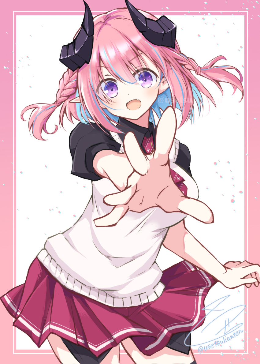 1girl, :d, absurdres, arm_at_side, black_shirt, blue_hair, blush, border
