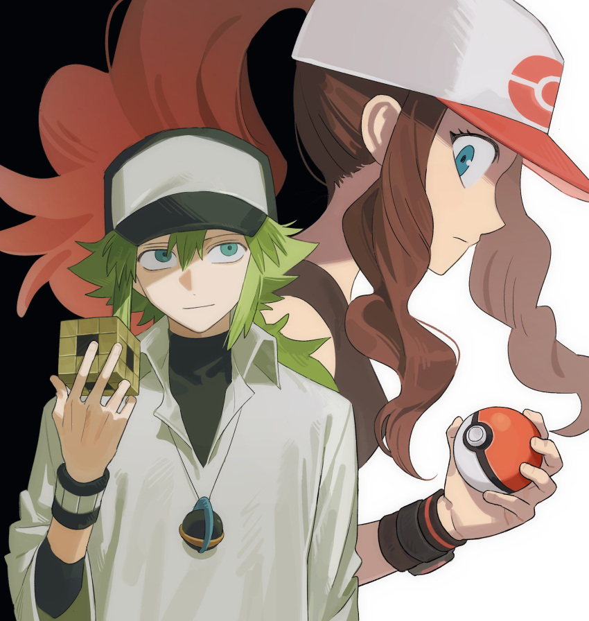 1boy, 1girl, aqua_eyes, baseball_cap, black_background, black_undershirt, black_vest, black_wristband