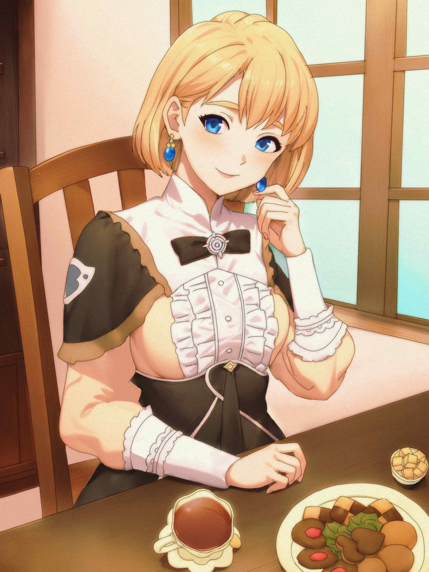 1girl, absurdres, blonde_hair, blue_eyes, commentary_request, cookie, cup, dress