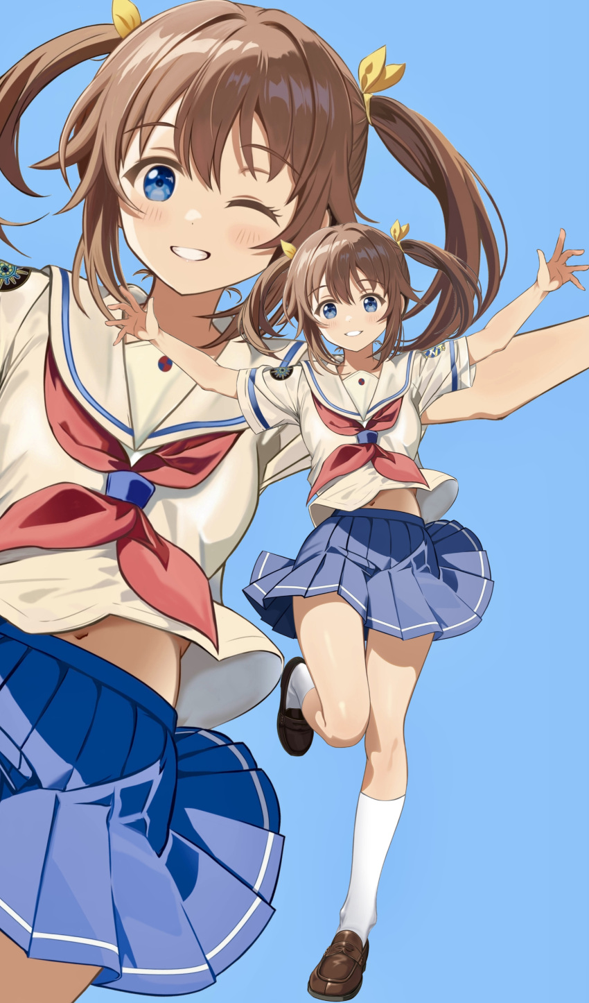 1girl, absurdres, blue_eyes, brown_hair, hair_ribbon, high_school_fleet, highres, loafers
