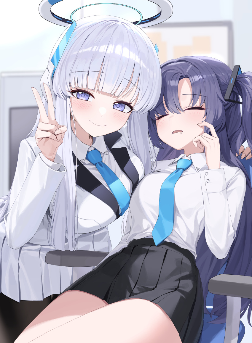 2girls, absurdres, black_skirt, blue_archive, blue_hair, blue_necktie, blurry, blurry_background