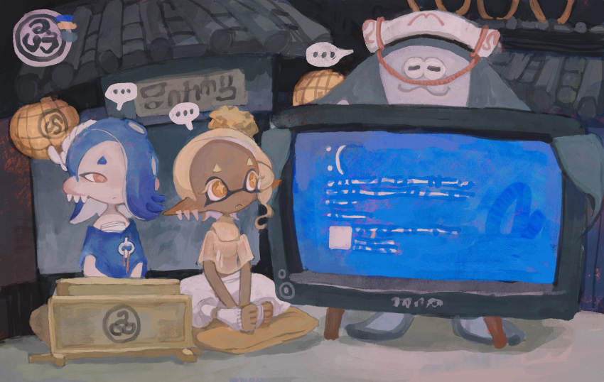 ..., 1boy, 2024_crowdstrike_incident, 2girls, :<, asymmetrical_hair, between_legs, big_man_(splatoon)