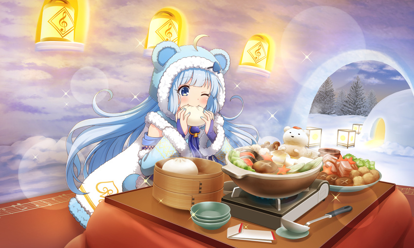 1girl, ;), ahoge, animal-themed_food, animal_ears, animal_hood, artist_request, baozi