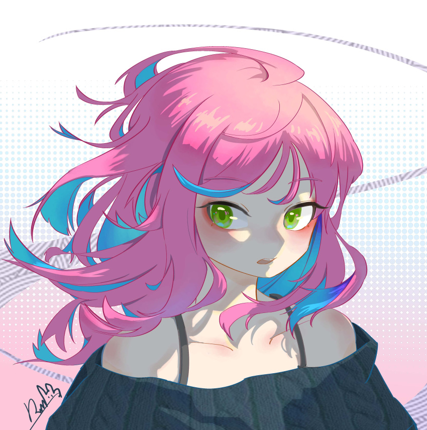 1girl, absurdres, black_sweater, blue_hair, collarbone, commentary, floating_hair, green_eyes