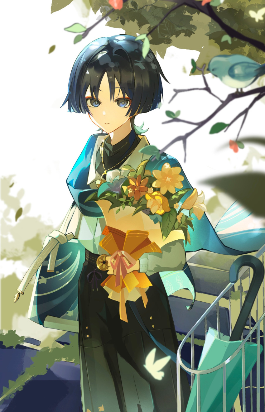 1boy, absurdres, bag, belt, bench, bird, black_belt, black_eyes