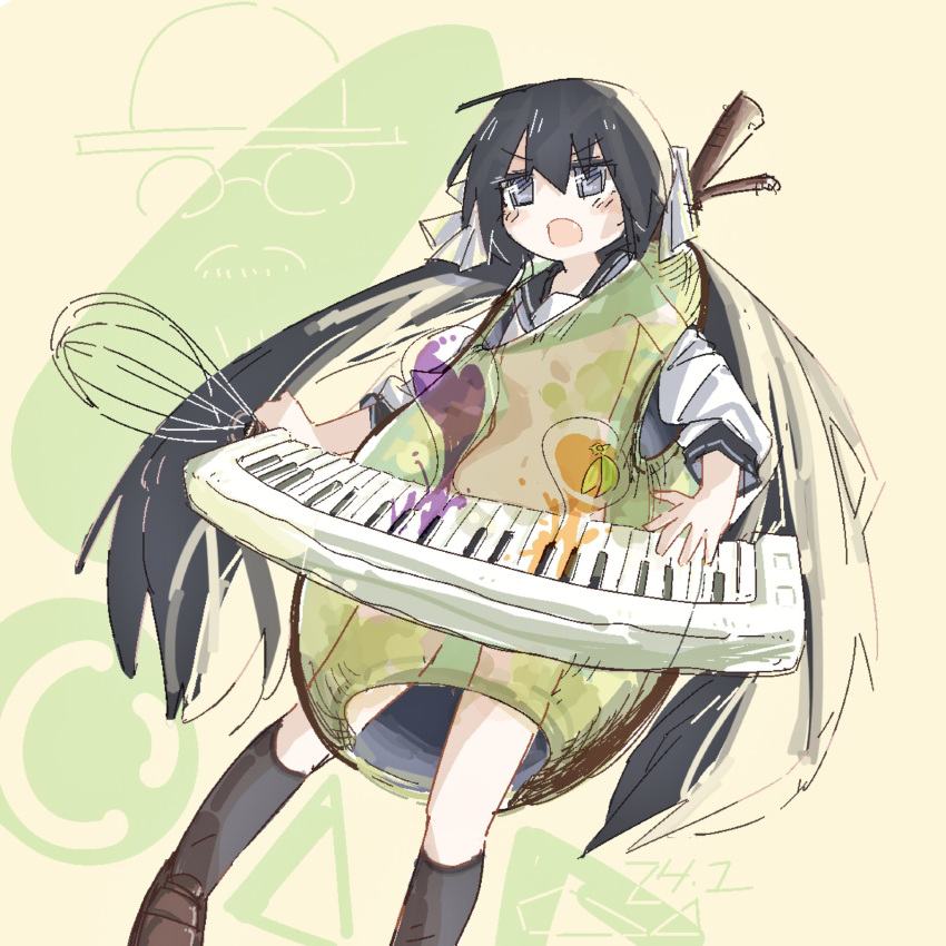 1girl, ayaka_(shimeji_simulation), black_sailor_collar, egg, eggplant, fang, floating, food