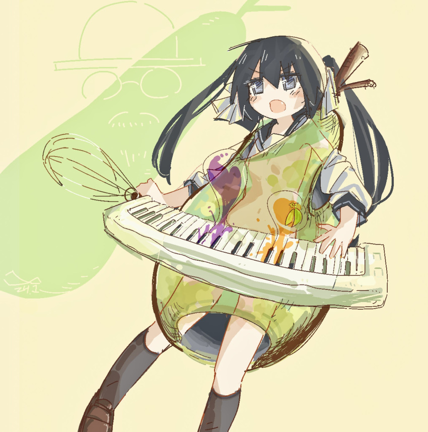 1girl, ayaka_(shimeji_simulation), black_sailor_collar, commentary, egg, eggplant, fang, floating