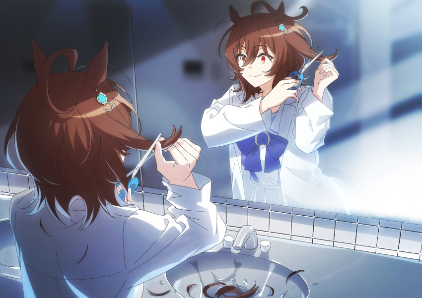 1girl, absurdres, agnes_tachyon_(umamusume), ahoge, animal_ears, bathroom, bow, bowtie