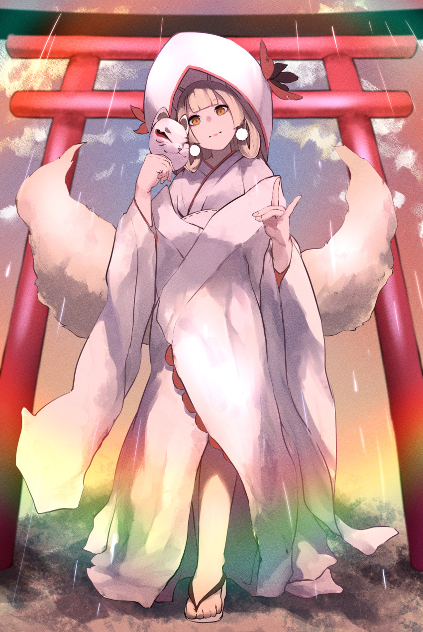 1girl, absurdres, blonde_hair, blunt_bangs, day, earrings, fox_mask, fox_shadow_puppet, fox_tail, gyakuten_othellonia, hair_rings, highres, japanese_clothes, jewelry, kimono, looking_at_viewer, mask, orange_eyes, oribito_(dnwd3782), outdoors, sandals, solo, standing, tail, torii, white_kimono