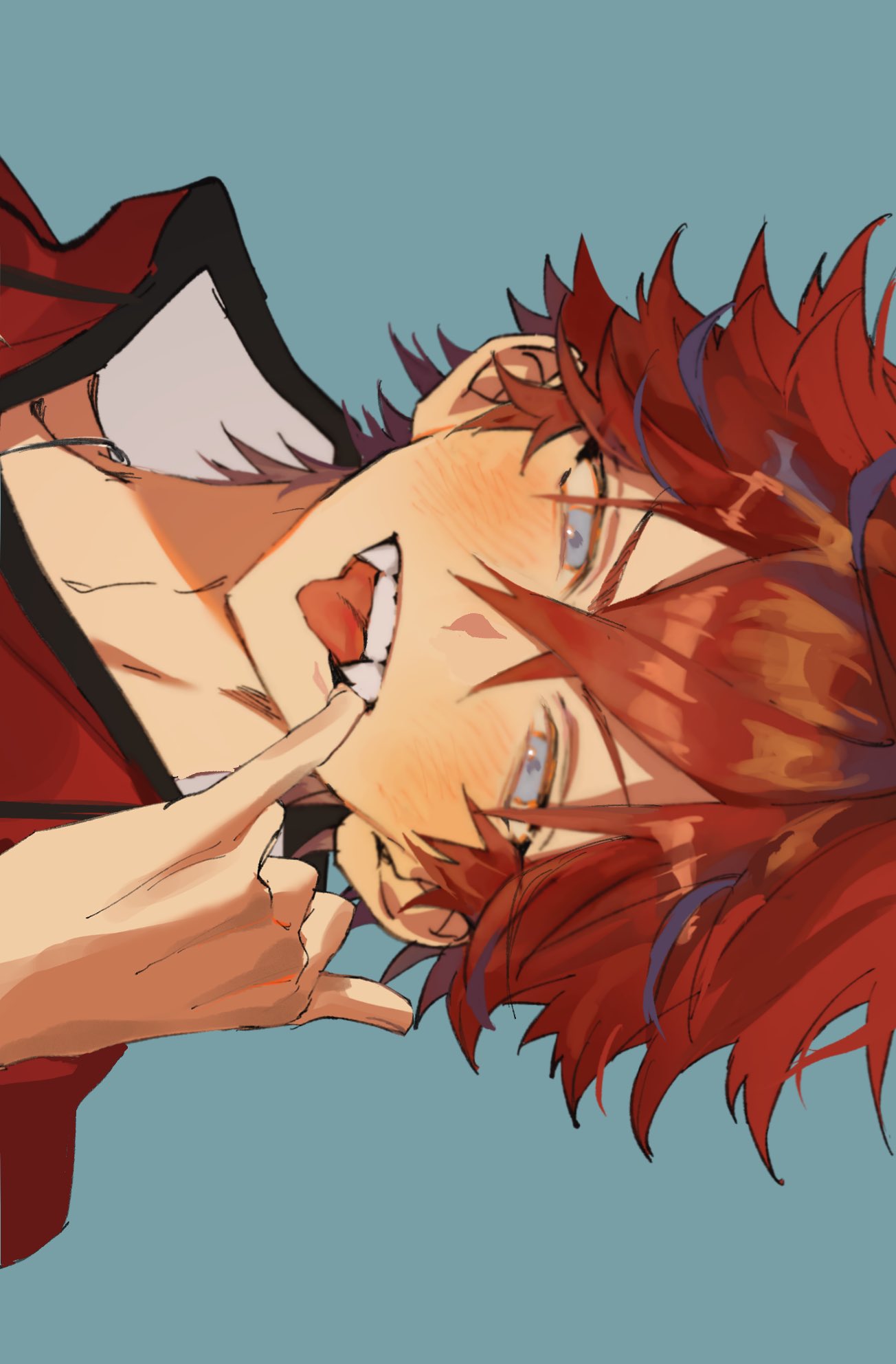 1boy, alma_(gokurakugai), blue_eyes, blush, commentary_request, fangs, finger_in_own_mouth, gokurakugai